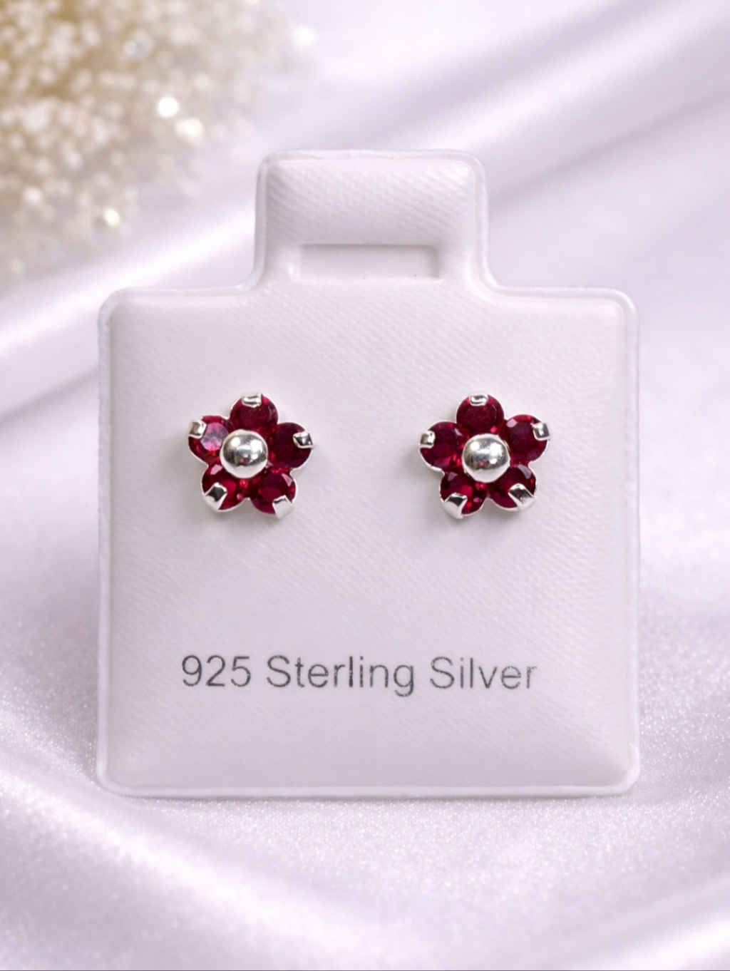 Red Flower Stud Earrings 925 Sterling Silver Cz Kids Women - 6mm